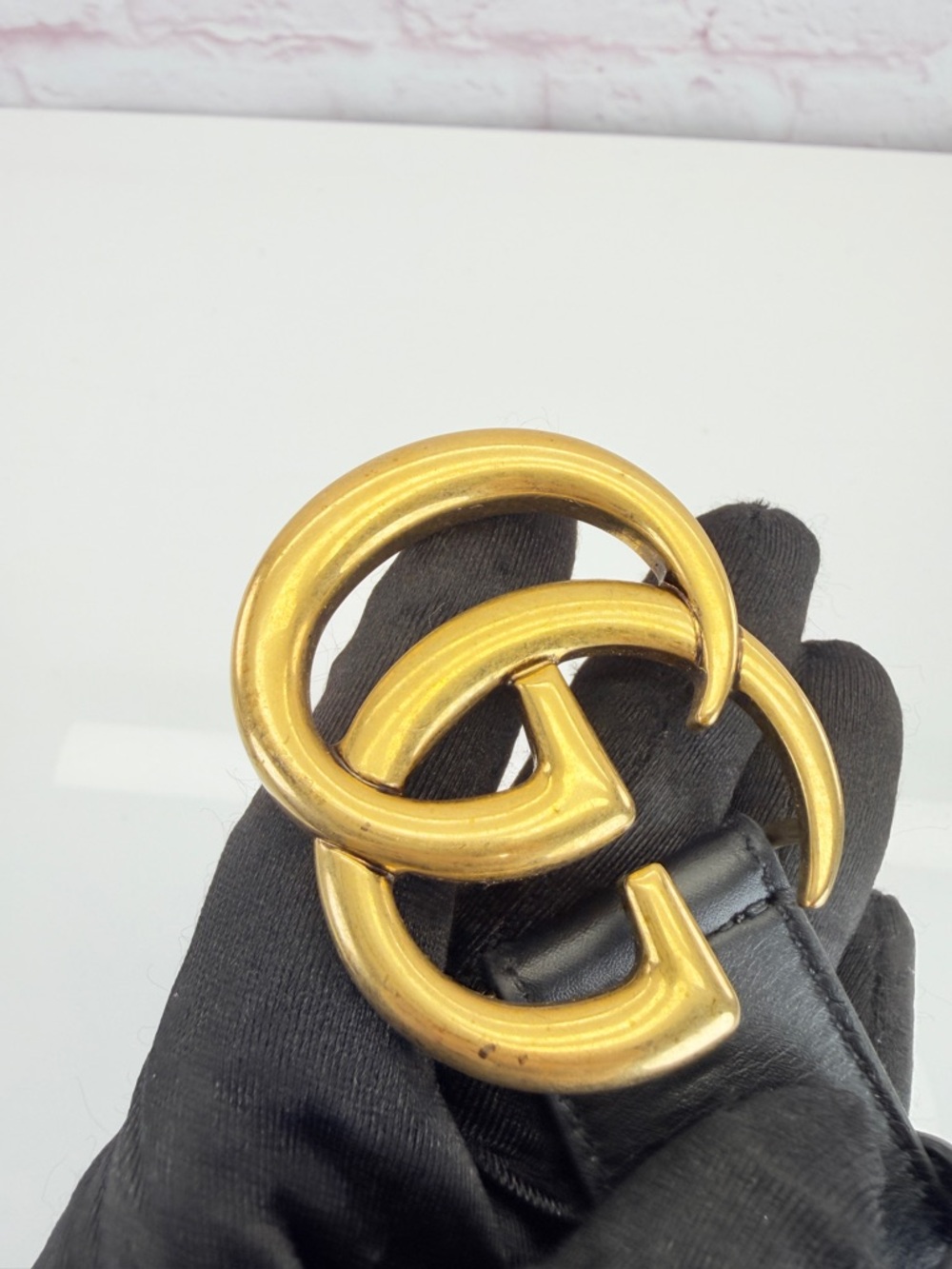 Authentic Gucci Slim Leather Marmont Gg Double Mens Belt Black 80/32” 414516 - Picture 9 of 11